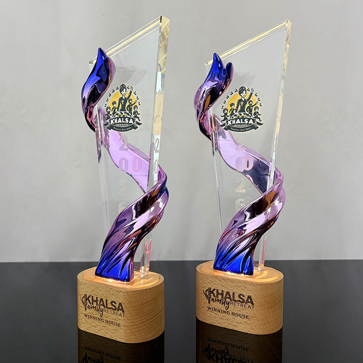 Purple Blue Resin Personalized Crystal  Trophy Award with Wood Light Base MH-FJ0023