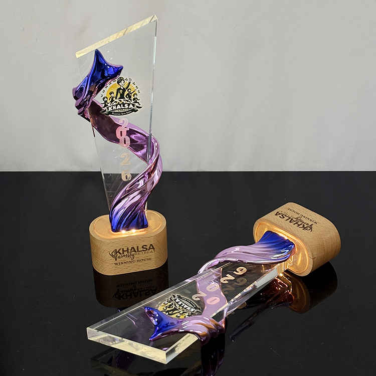 Purple Blue Resin Personalized Crystal  Trophy Award with Wood Light Base MH-FJ0023