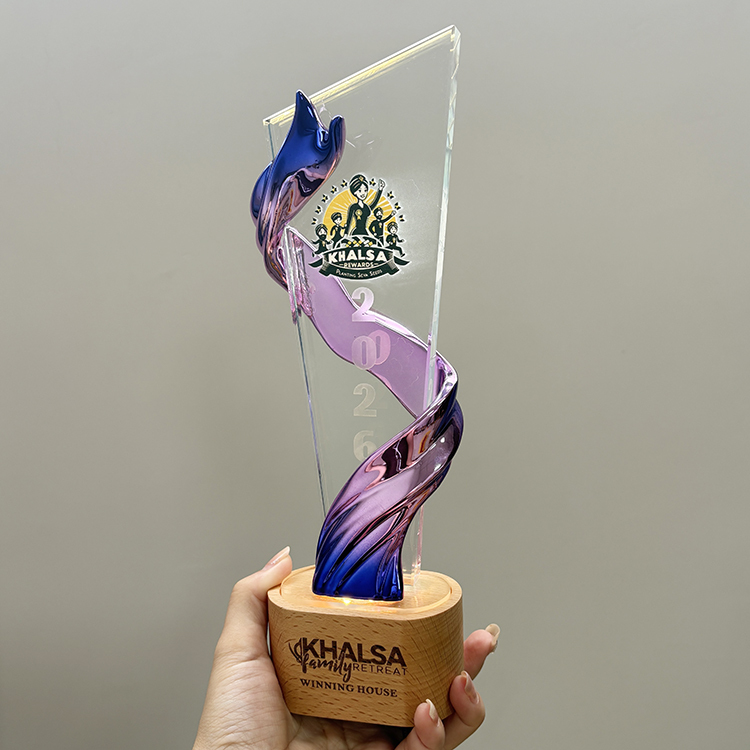 Purple Blue Resin Personalized Crystal  Trophy Award with Wood Light Base MH-FJ0023