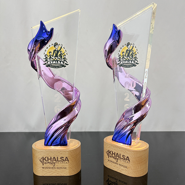Purple Blue Resin Personalized Crystal  Trophy Award with Wood Light Base MH-FJ0023