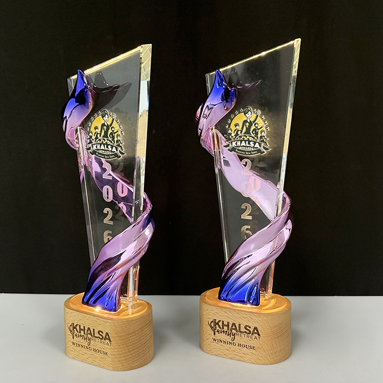 Purple Blue Resin Personalized Crystal  Trophy Award with Wood Light Base MH-FJ0023