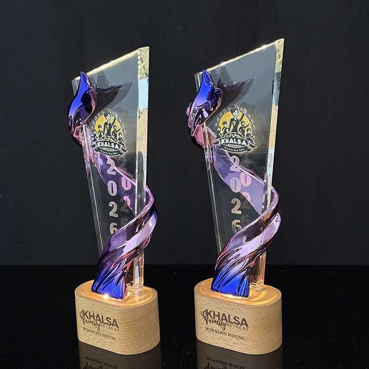 Purple Blue Resin Personalized Crystal  Trophy Award with Wood Light Base MH-FJ0023