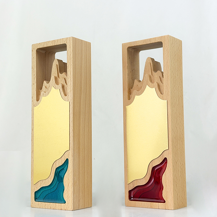Personalized Gold Plated Blue Red Acrylic with Rectangle Wooden Trophy MH-LJ0850