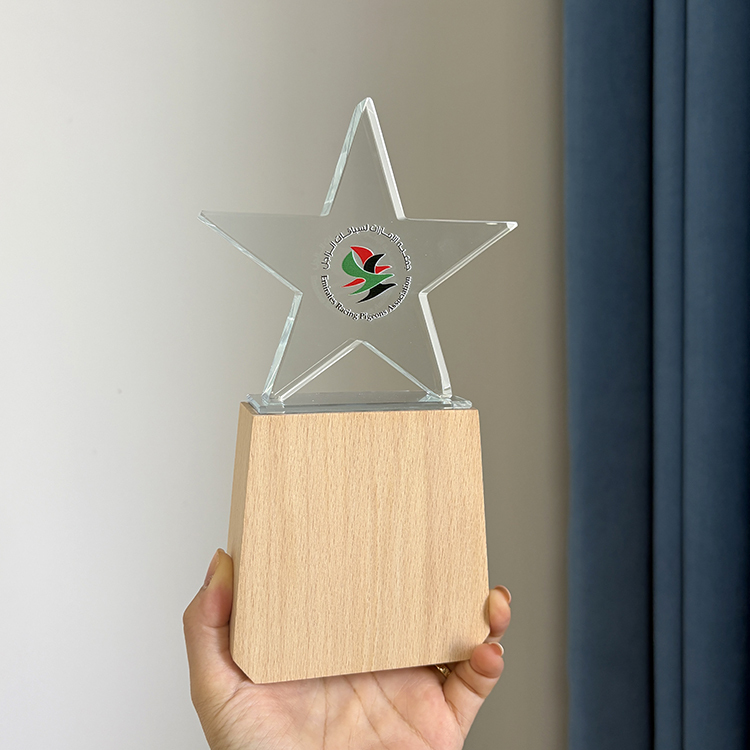 Custom Engraved Star Crystal Glass Wood Award Trophies Plaques Wooden Trophy MH-LJ0846