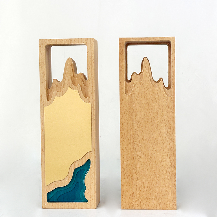 Personalized Gold Plated Blue Red Acrylic with Rectangle Wooden Trophy MH-LJ0850