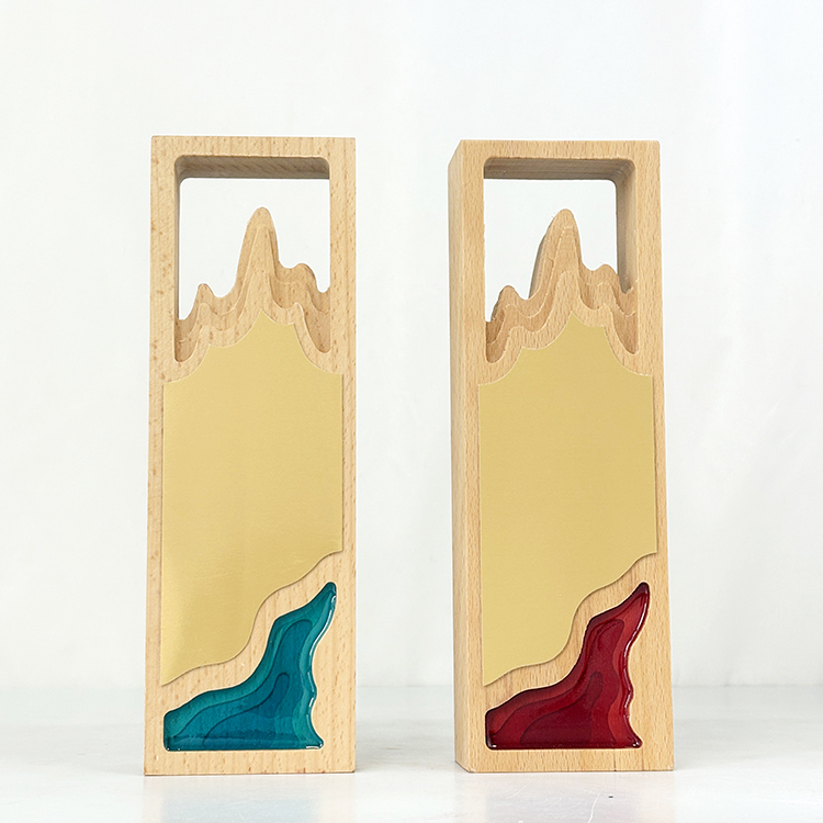 Personalized Gold Plated Blue Red Acrylic with Rectangle Wooden Trophy MH-LJ0850