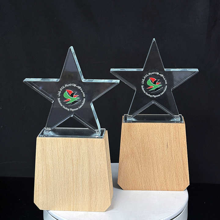 Custom Engraved Star Crystal Glass Wood Award Trophies Plaques Wooden Trophy MH-LJ0846