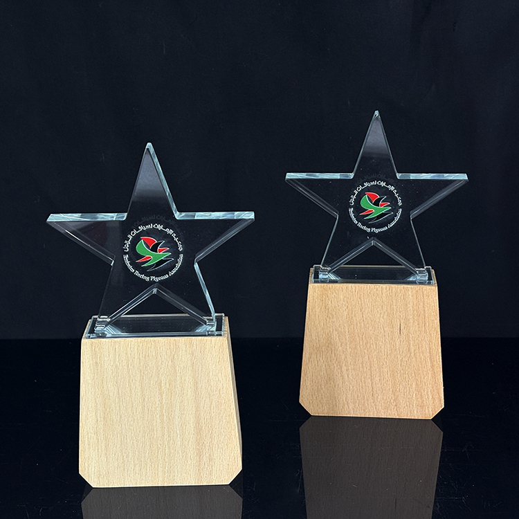 Custom Engraved Star Crystal Glass Wood Award Trophies Plaques Wooden Trophy MH-LJ0846