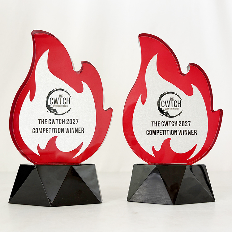 Personalized Flame Shape Red Crystal Trophy with Silver Plate MH-LJ0875