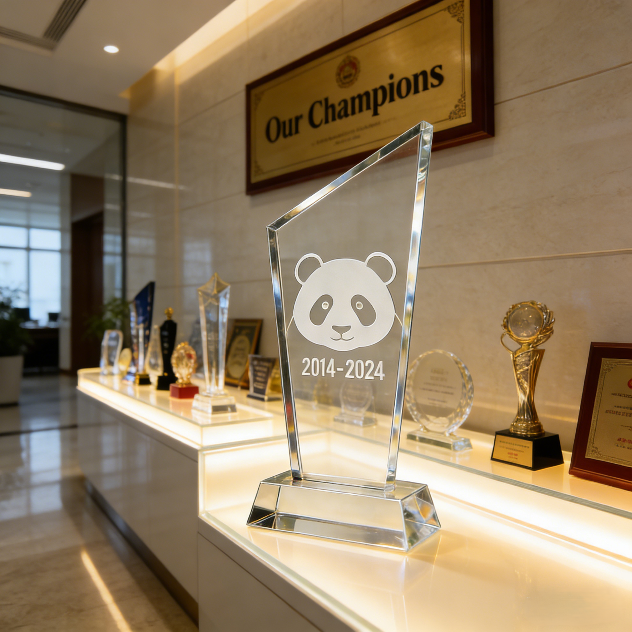 Custom Acrylic Trophy for Company Anniversary & Brand Event - Engrave Commemorative Award with Brand Mascot & Commemorative Date