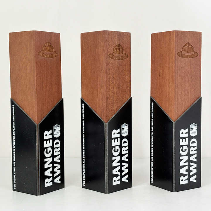 Black Metal Plated Personalized Block Shape Wood Trophy MH-FJ0027