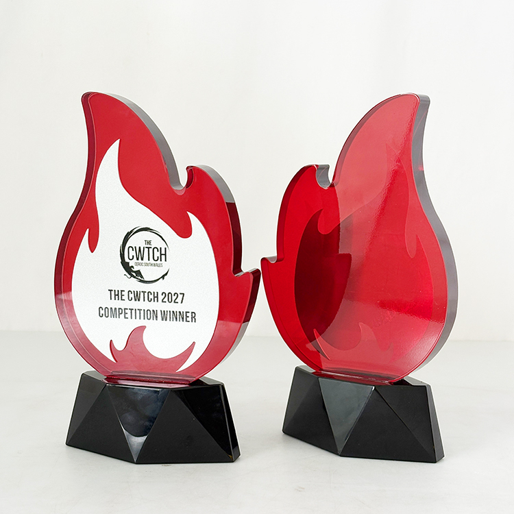 Personalized Flame Shape Red Crystal Trophy with Silver Plate MH-LJ0875