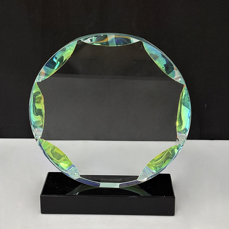 New Design Rainbow Round Crystal Circle Glass Awards Plaque Trophy with Clear Black Base MH-LJ0841