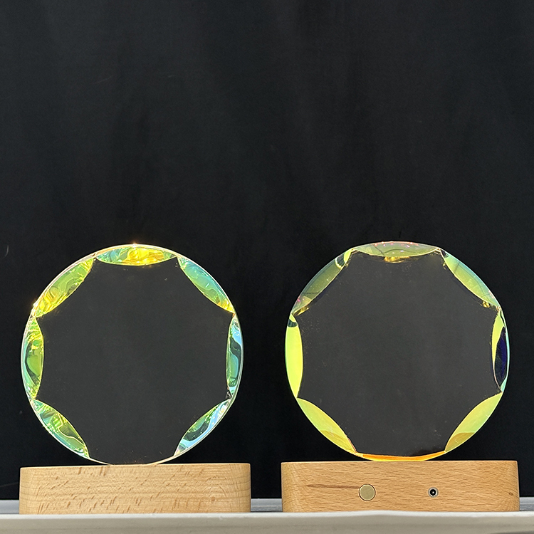 New Design Rainbow Round Crystal Circle Glass Awards Plaque Trophy with Wooden Light Base MH-LJ0840