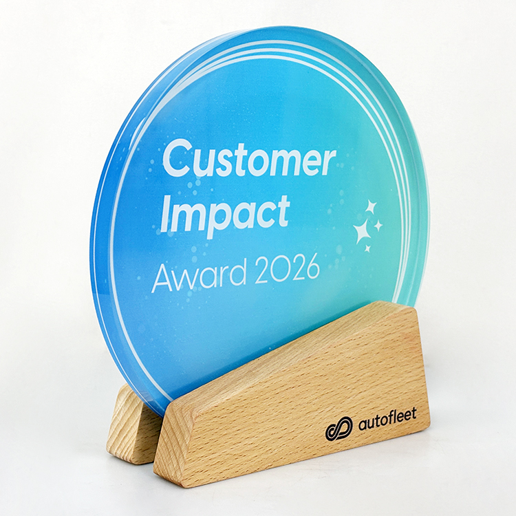 Full Color Printing Round Crystal Glass Awards Plaque Trophy with Wood Base