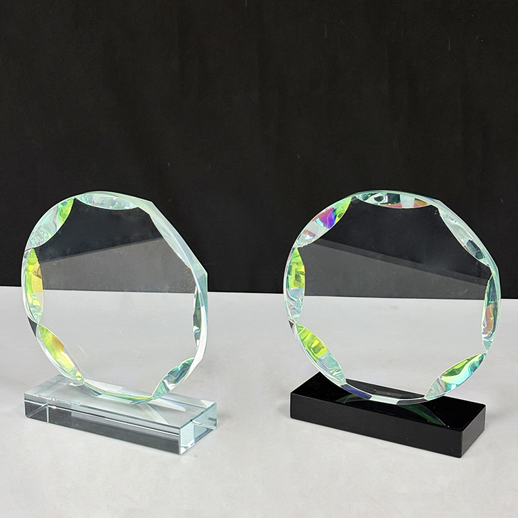 New Design Rainbow Round Crystal Circle Glass Awards Plaque Trophy with Clear Black Base MH-LJ0841