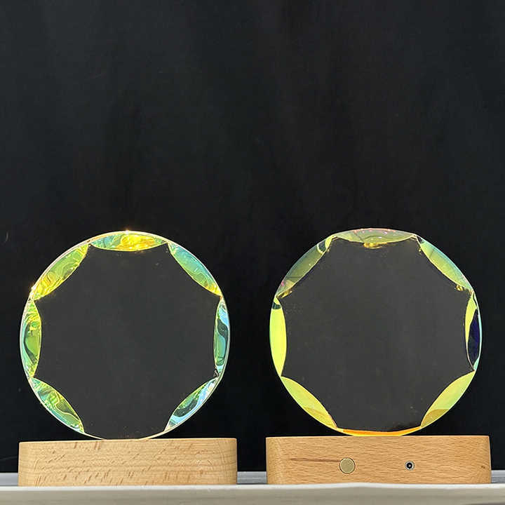 New Design Rainbow Round Crystal Circle Glass Awards Plaque Trophy with Wooden Light Base MH-LJ0840