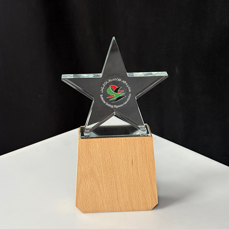 Custom Engraved Star Crystal Glass Wood Award Trophies Plaques Wooden Trophy MH-LJ0846