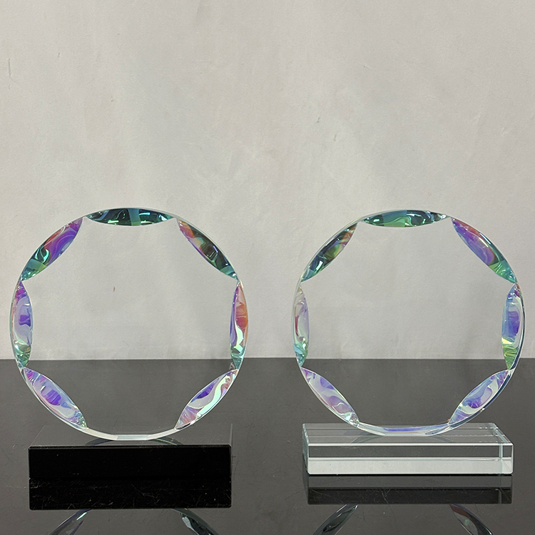 New Design Rainbow Round Crystal Circle Glass Awards Plaque Trophy with Clear Black Base MH-LJ0841