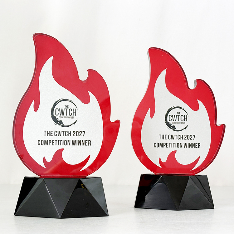 Personalized Flame Shape Red Crystal Trophy with Silver Plate MH-LJ0875