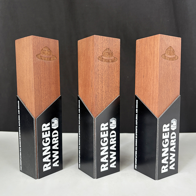 Black Metal Plated Personalized Block Shape Wood Trophy MH-FJ0027