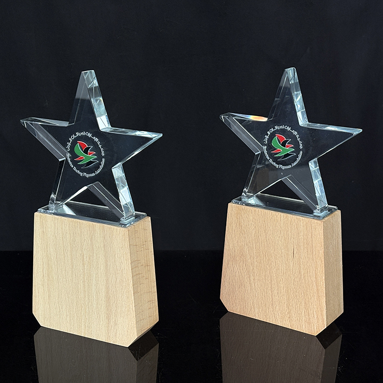 Custom Engraved Star Crystal Glass Wood Award Trophies Plaques Wooden Trophy MH-LJ0846