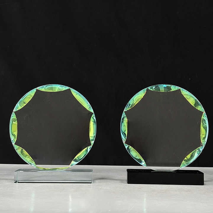 New Design Rainbow Round Crystal Circle Glass Awards Plaque Trophy with Clear Black Base MH-LJ0841