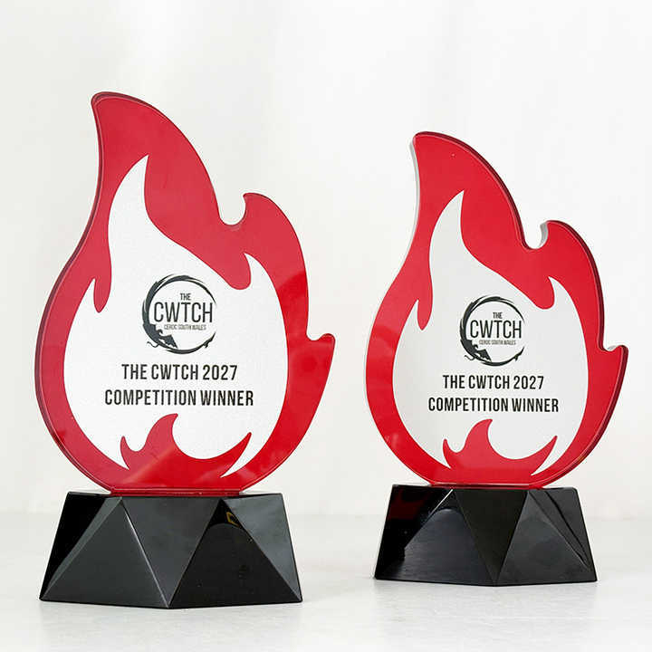 Personalized Flame Shape Red Crystal Trophy with Silver Plate MH-LJ0875