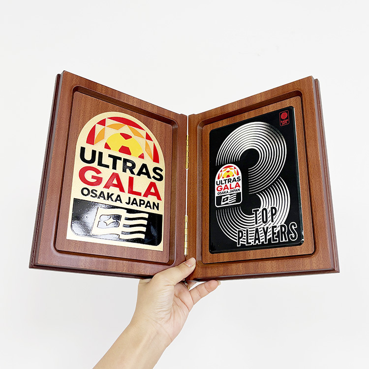 Customized Foldable Wood Book Shape Certificate Box Plaque Award with Gold Plate MH-LJ0857