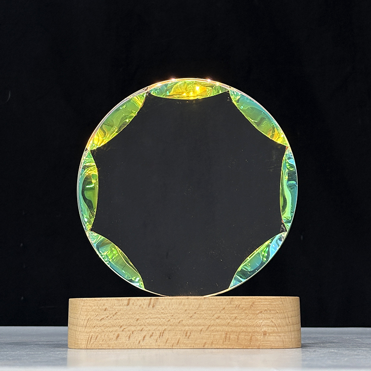 New Design Rainbow Round Crystal Circle Glass Awards Plaque Trophy with Wooden Light Base MH-LJ0840