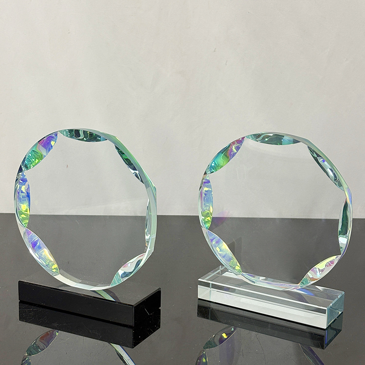 New Design Rainbow Round Crystal Circle Glass Awards Plaque Trophy with Clear Black Base MH-LJ0841