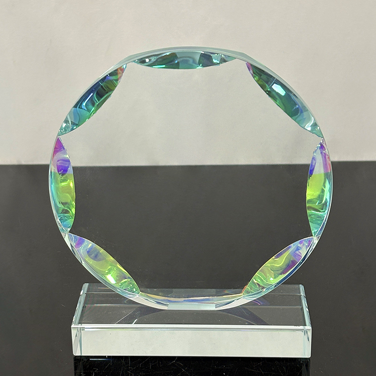 New Design Rainbow Round Crystal Circle Glass Awards Plaque Trophy with Clear Black Base MH-LJ0841