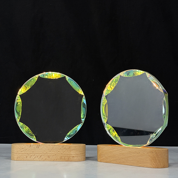 New Design Rainbow Round Crystal Circle Glass Awards Plaque Trophy with Wooden Light Base MH-LJ0840