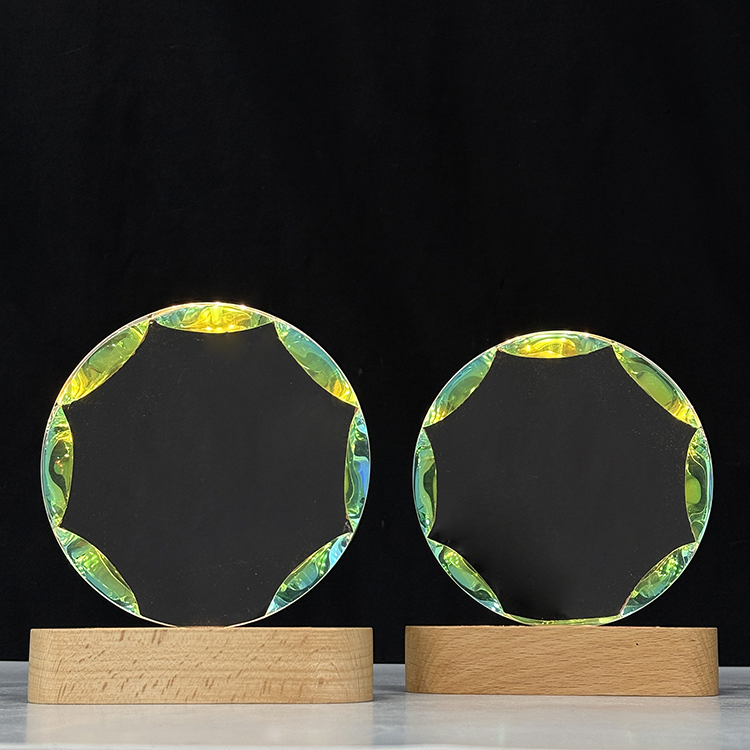 New Design Rainbow Round Crystal Circle Glass Awards Plaque Trophy with Wooden Light Base MH-LJ0840