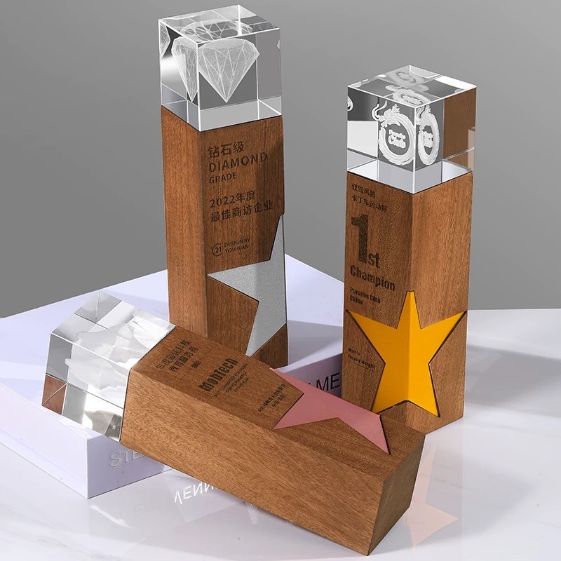 Gold Silver Bronze Metal Star Laser Personalized Crystal Trophy Wooden Awards MH-LJ0791