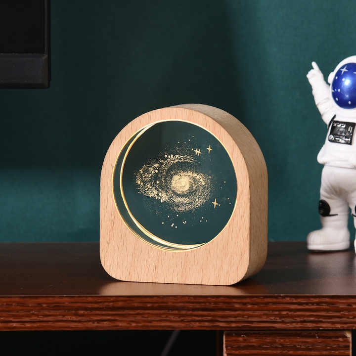 2024 New Night Light Laser Moon Milky Way Crystal Circle Paperweight with Wooden Light Base MH-F0599