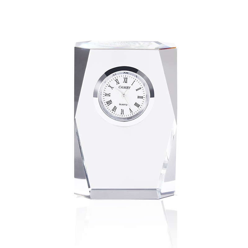Antique Custom Logo Engrave Clear Crystal Clock Desk Table Decoration Clock