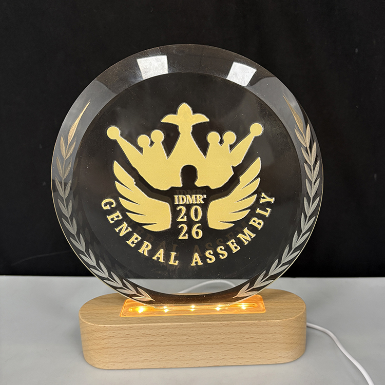 Personalized Round Crystal Plaque Crystal Trophy Award with Wooden Light Base MH-LJ0772