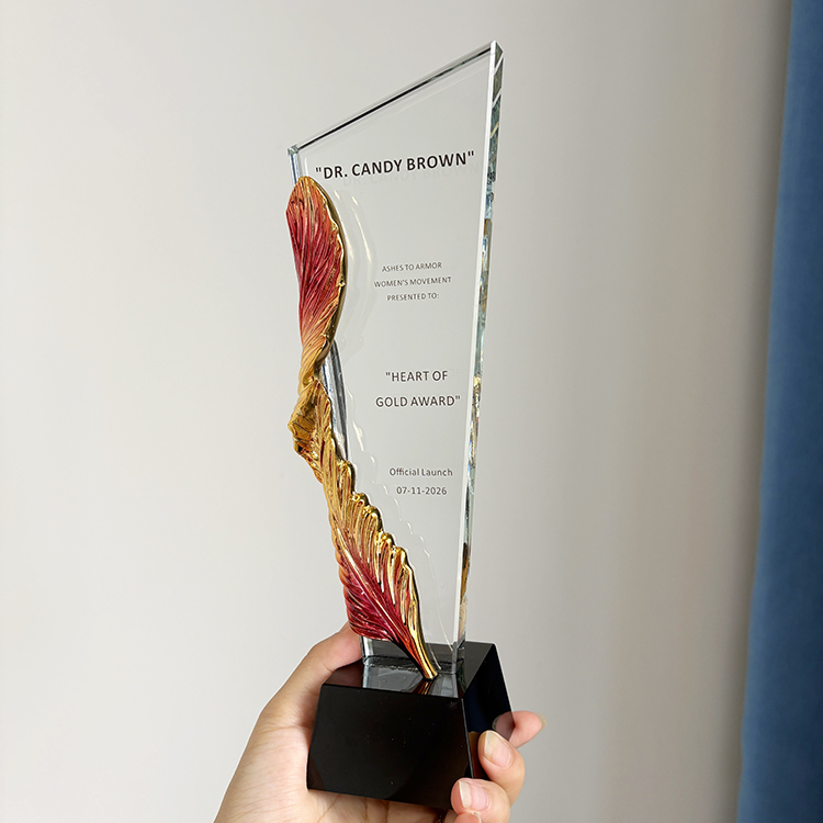 Gold Pink Resin Feather Optical Crystal Glass Trophy MH-LJ0785
