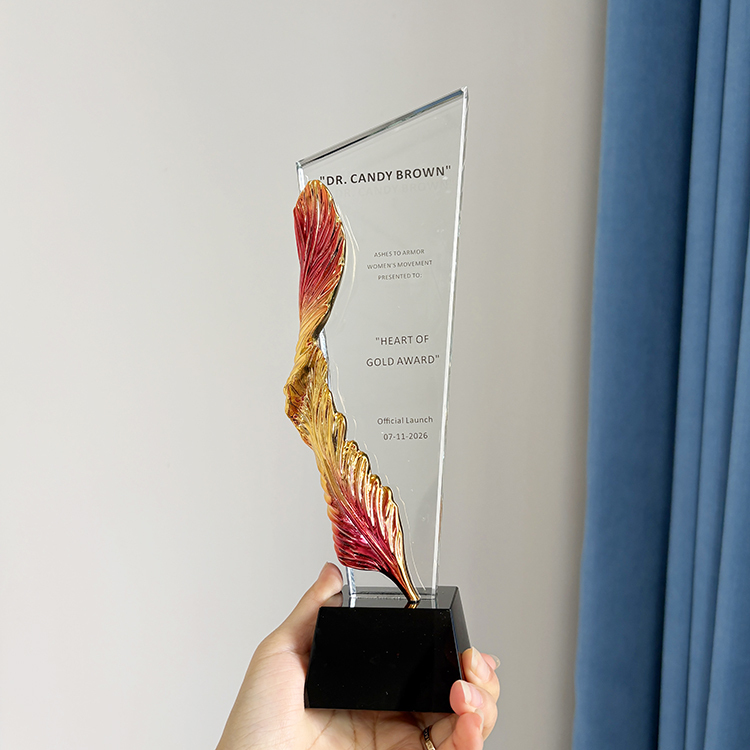 Gold Pink Resin Feather Optical Crystal Glass Trophy MH-LJ0785