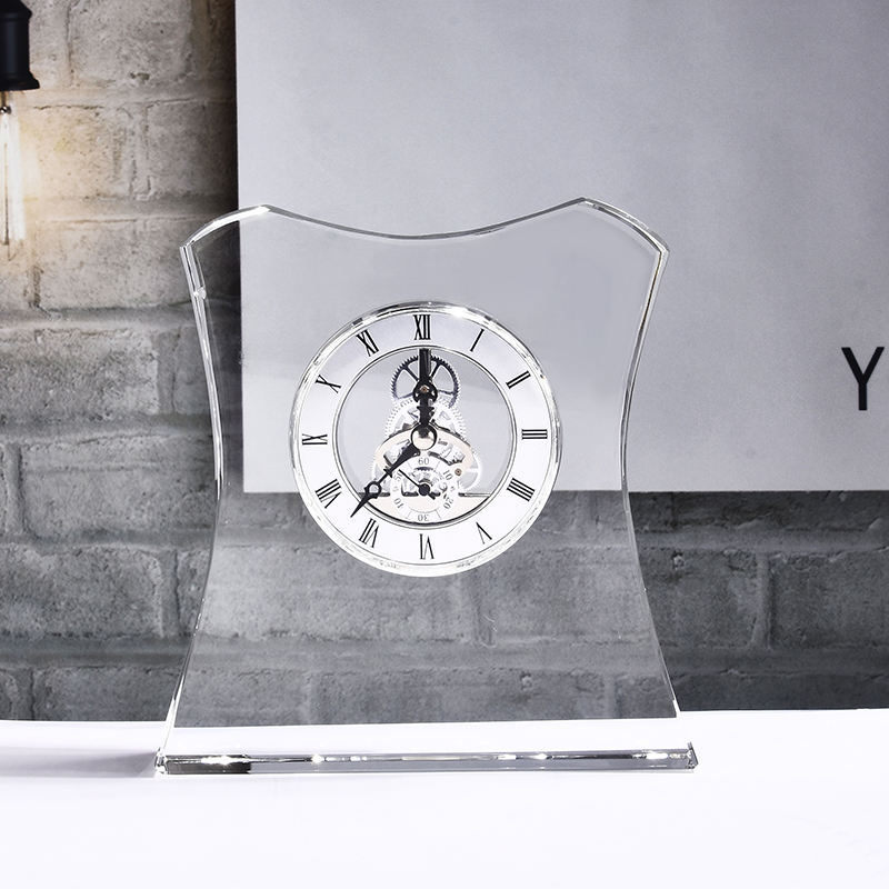 High Quality Customized Logo Printing Office Decoration Clear Crystal Table Clock for Home Decoration