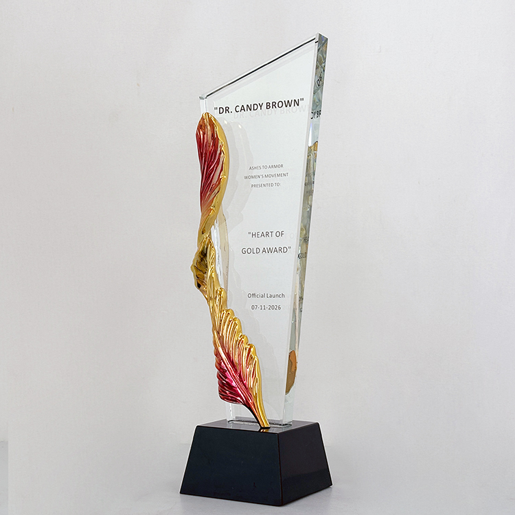 Gold Pink Resin Feather Optical Crystal Glass Trophy MH-LJ0785
