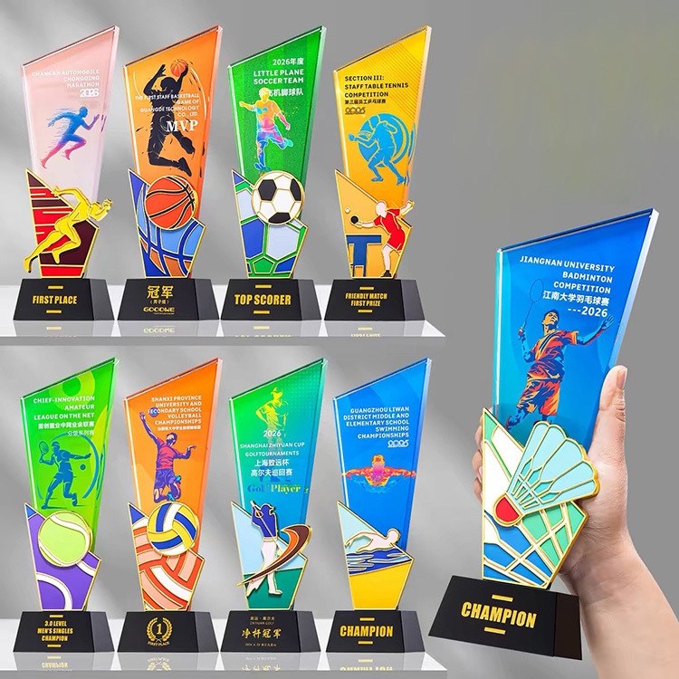 New Design Gold Metal Basketball Football Badminton Table Tennis Pingpong Ball Crystal Glass Awards Trophy MH-LJ0810