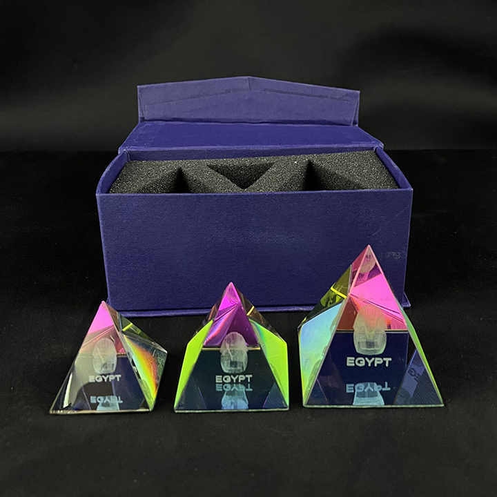 Set of Iridescent Rainbow Pyramid Crystal with Laser Egypt Pharaoh MH-F0593