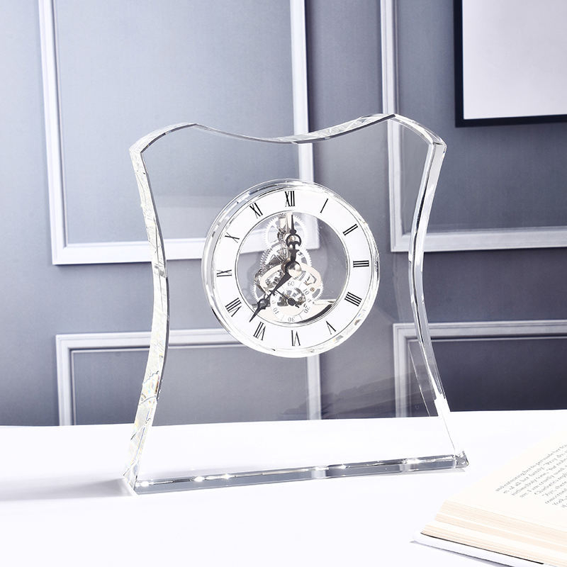 High Quality Customized Logo Printing Office Decoration Clear Crystal Table Clock for Home Decoration
