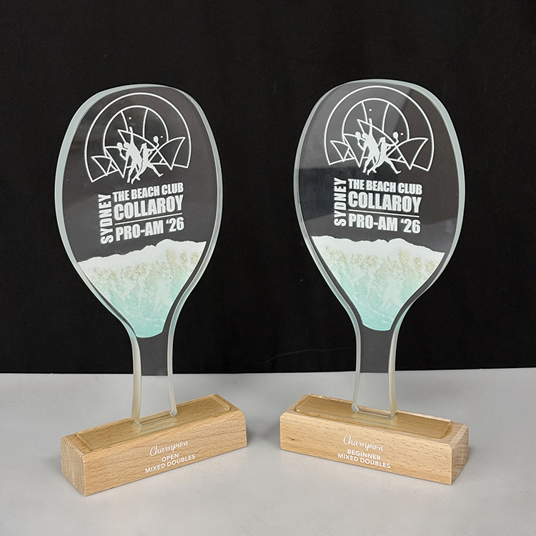 Personalized Glass Crystal Beach Tennis Racket Sports Trophy with Wood Base MH-FJ0042