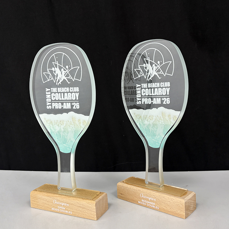 Personalized Glass Crystal Beach Tennis Racket Sports Trophy with Wood Base MH-FJ0042