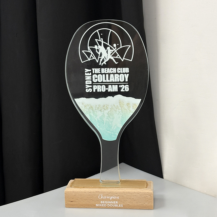 Personalized Glass Crystal Beach Tennis Racket Sports Trophy with Wood Base MH-FJ0042