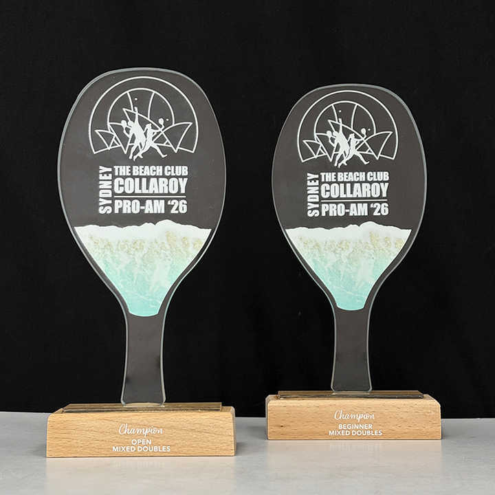 Personalized Glass Crystal Beach Tennis Racket Sports Trophy with Wood Base MH-FJ0042