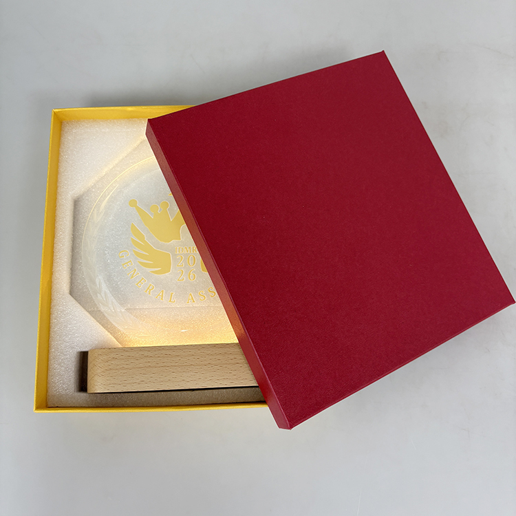 Personalized Round Crystal Plaque Crystal Trophy Award with Wooden Light Base MH-LJ0772